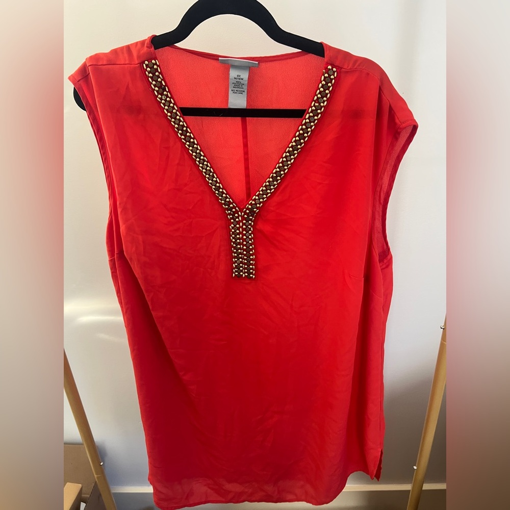 Red Sleeveless Tunic Top with Beaded Trim